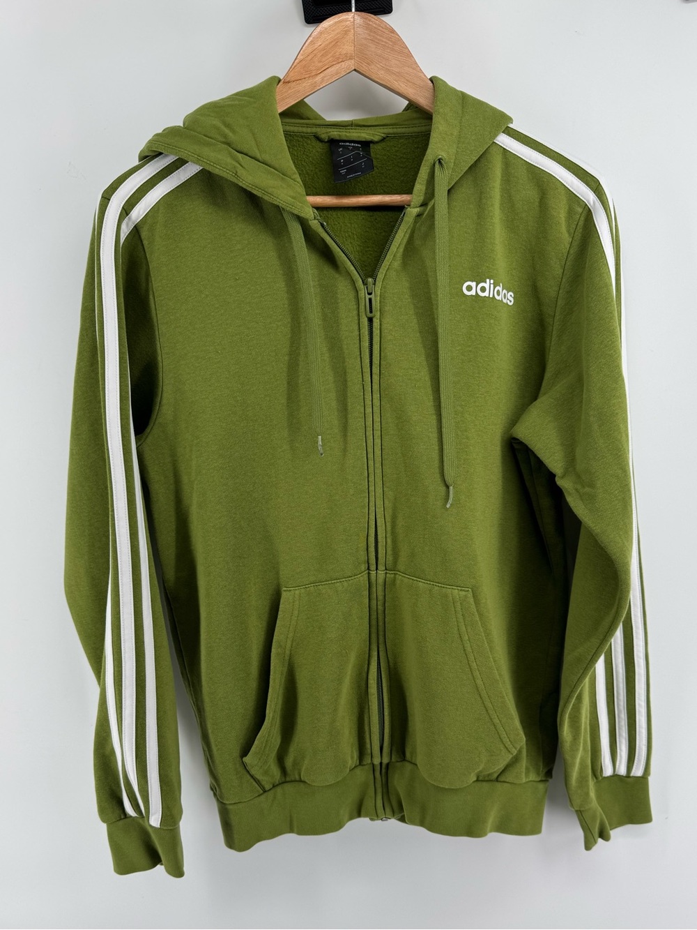 Adidas Olive Green Zip-Up Hoodie with Three-Stripe Sleeves Men's Size Small